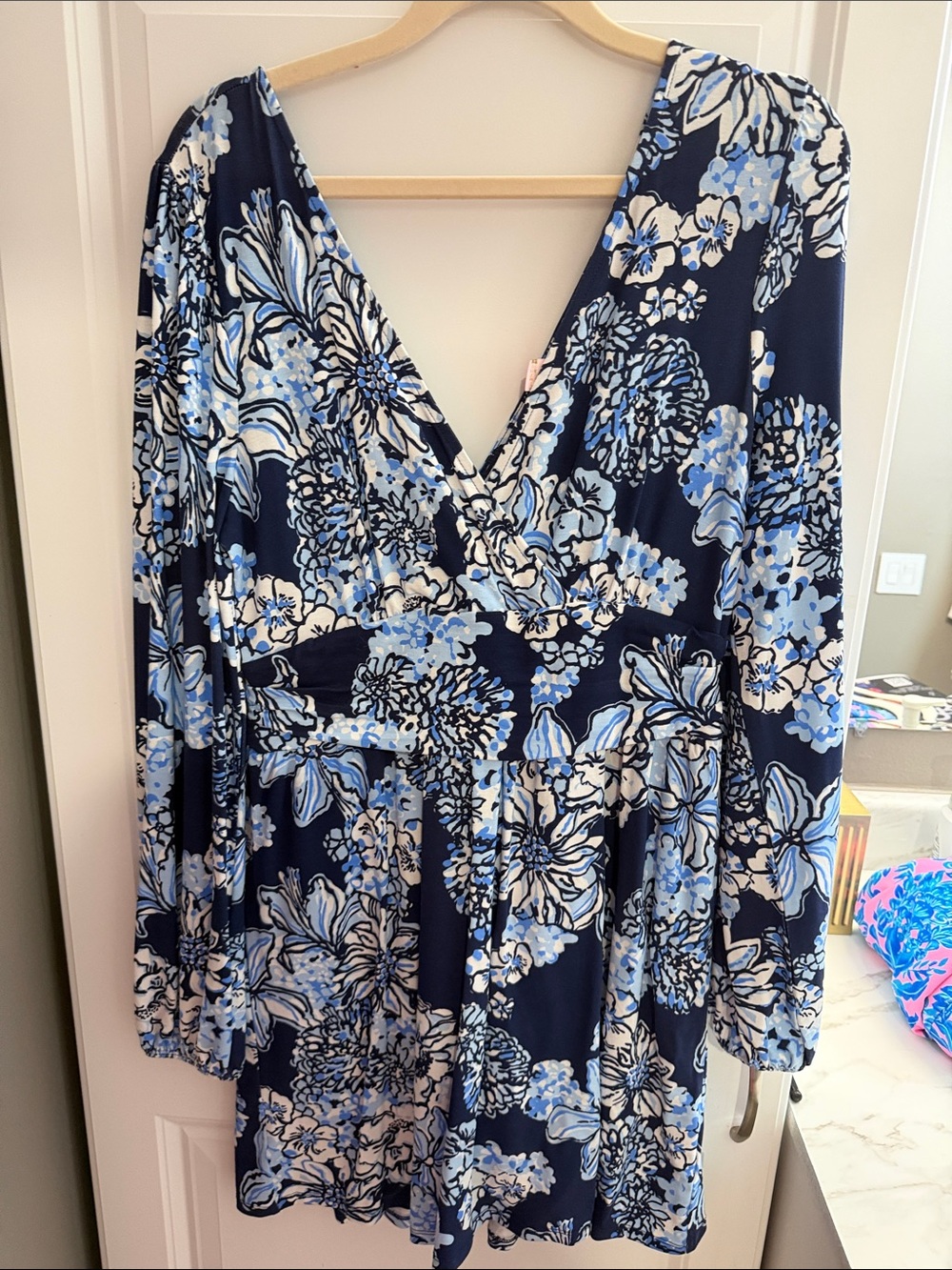 Lilly Pulitzer Navy Blue Floral Wrap Romper with Light Blue & White Print